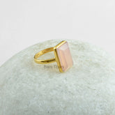 Pink Chalcedony, Pink Chalcedony 9x15mm Rectangle Micron Gold Plated 925 Sterling Silver Solitaire Ring Jewelry, Gemstone Ring, Valentines